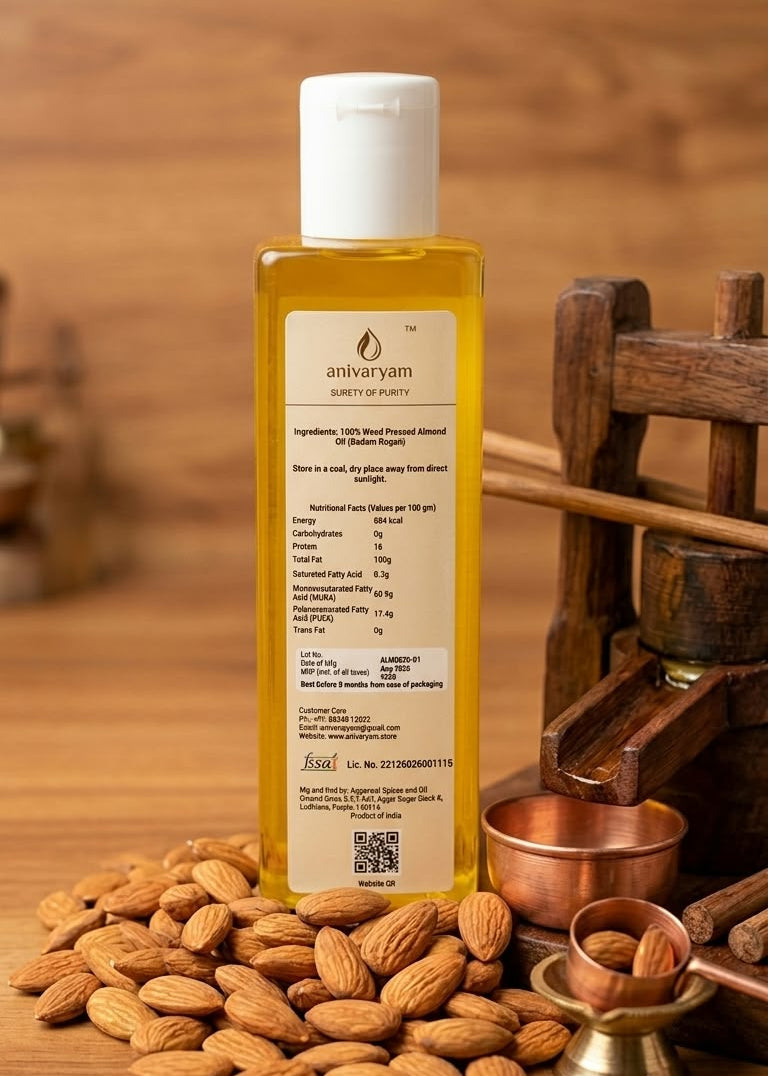 Anivaryam Wood Pressed Almond Oil | Pure, Edible & Multi-Purpose | 200ML